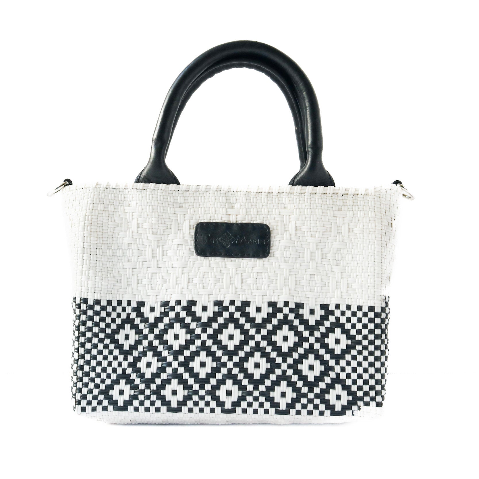 TIN MARIN White Large Woven Crossbody Bag top Black Leather.