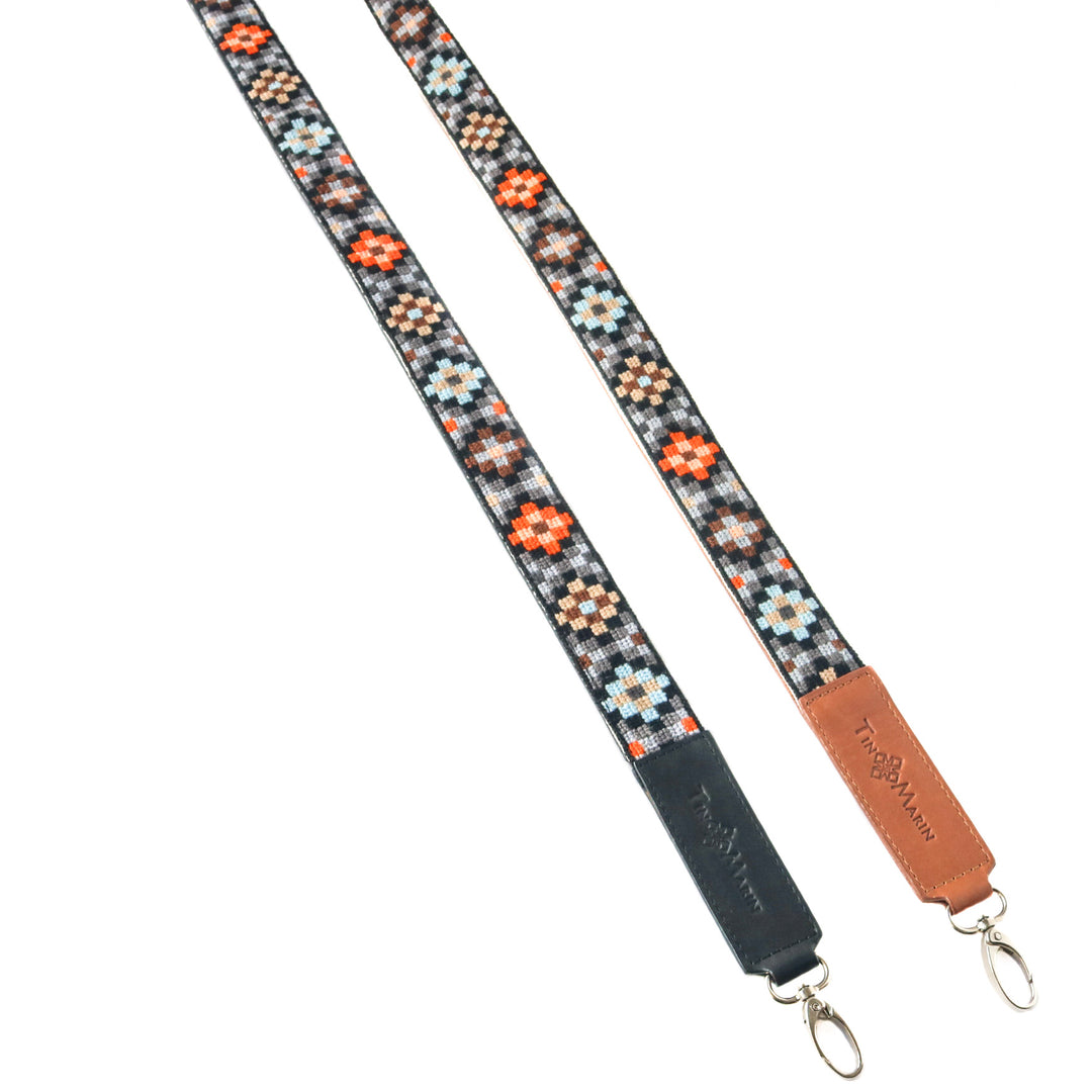 Mai Woven Bag Strap - Brown & Orange with Black Leather