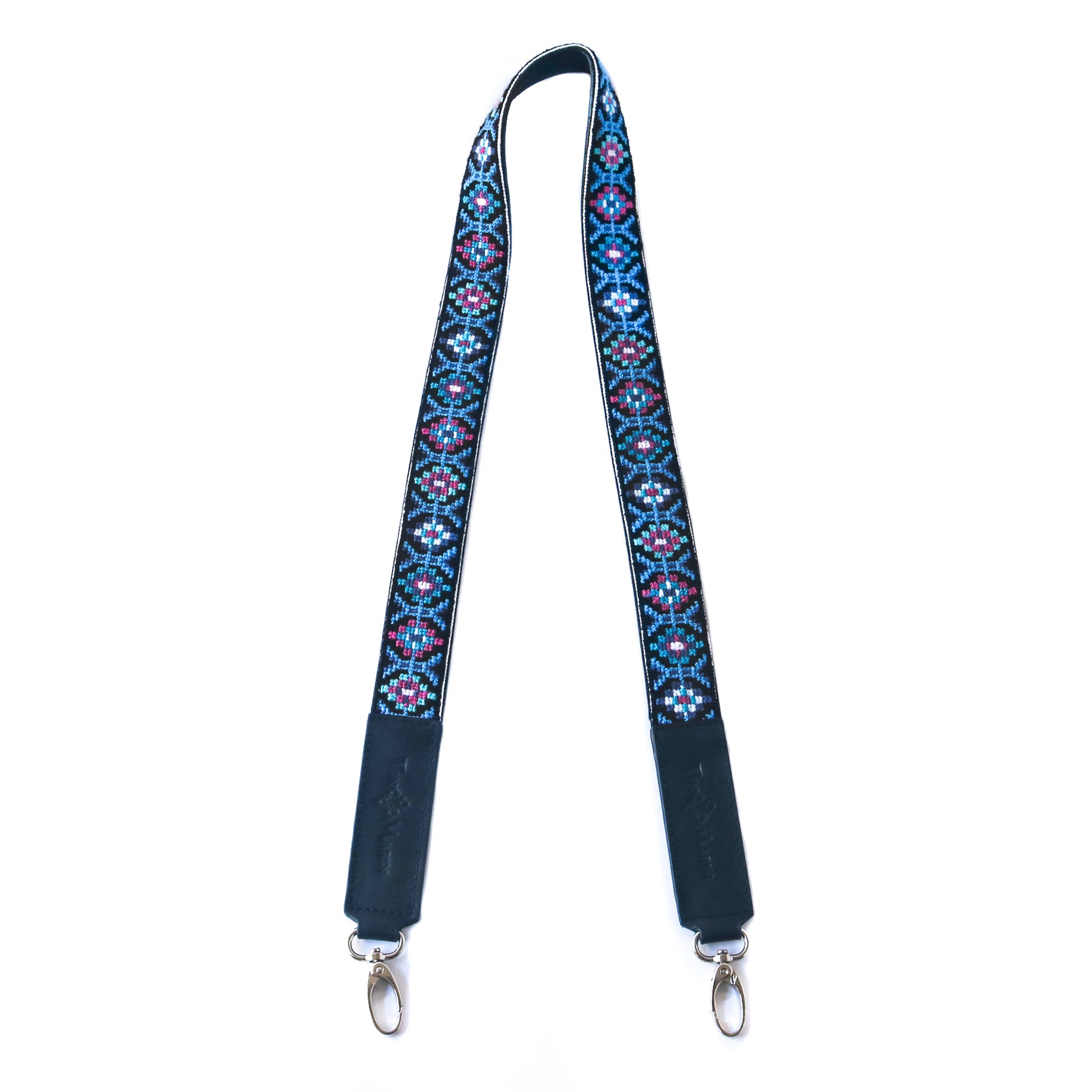 MAI Woven Bag Strap - Blue & Pink with Black Leather | Tin Marin
