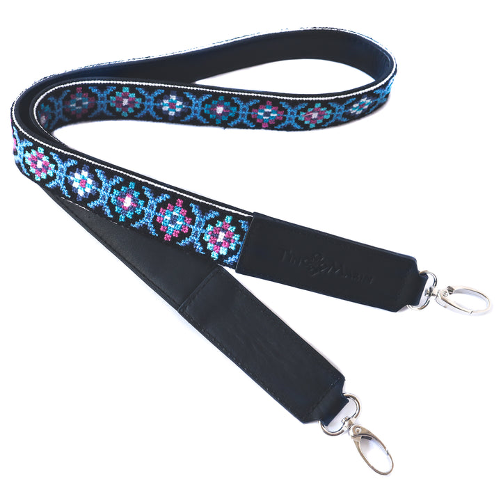 Mai Woven Bag Strap - Blue, pink, and turquoise with black leather crossbody woven hand embroidered cross stitch bag strap - Tin Marin Brand - Crossbody strap bag for women - handwoven bags and straps made by artisan communities
