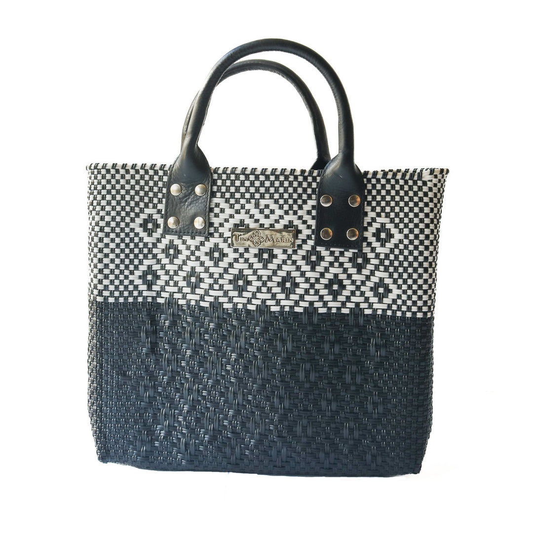 Tin Marin Black large woven crossbody bag in white and black— handmade from recycled plastic in Mexico by Tin Marin