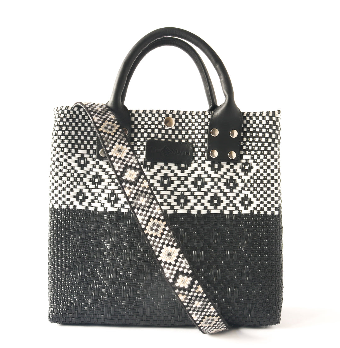 Tin Marin Black large woven crossbody bag in white and black with mai embroidered woven strap— handmade from recycled plastic in Mexico by Tin Marin