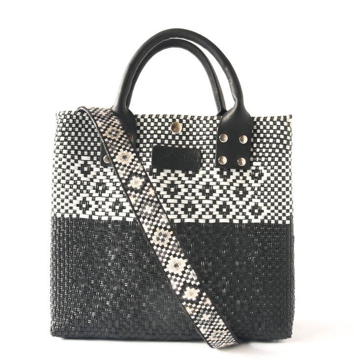 Tin Marin Black large woven crossbody bag in white and black with mai embroidered woven strap— handmade from recycled plastic in Mexico by Tin Marin