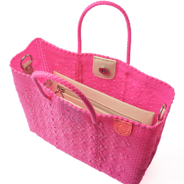 Interior of Vallarta woven crossbody bag with removable zippered mesh pouch — Tin Marin