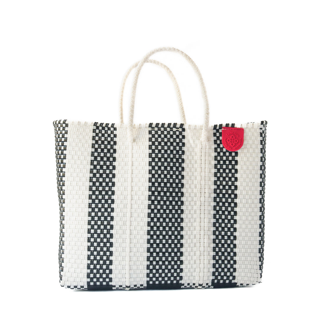 Zebra medium woven crossbody bag in black and white - handmade from recycled plastic in Mexico by Tin Marin