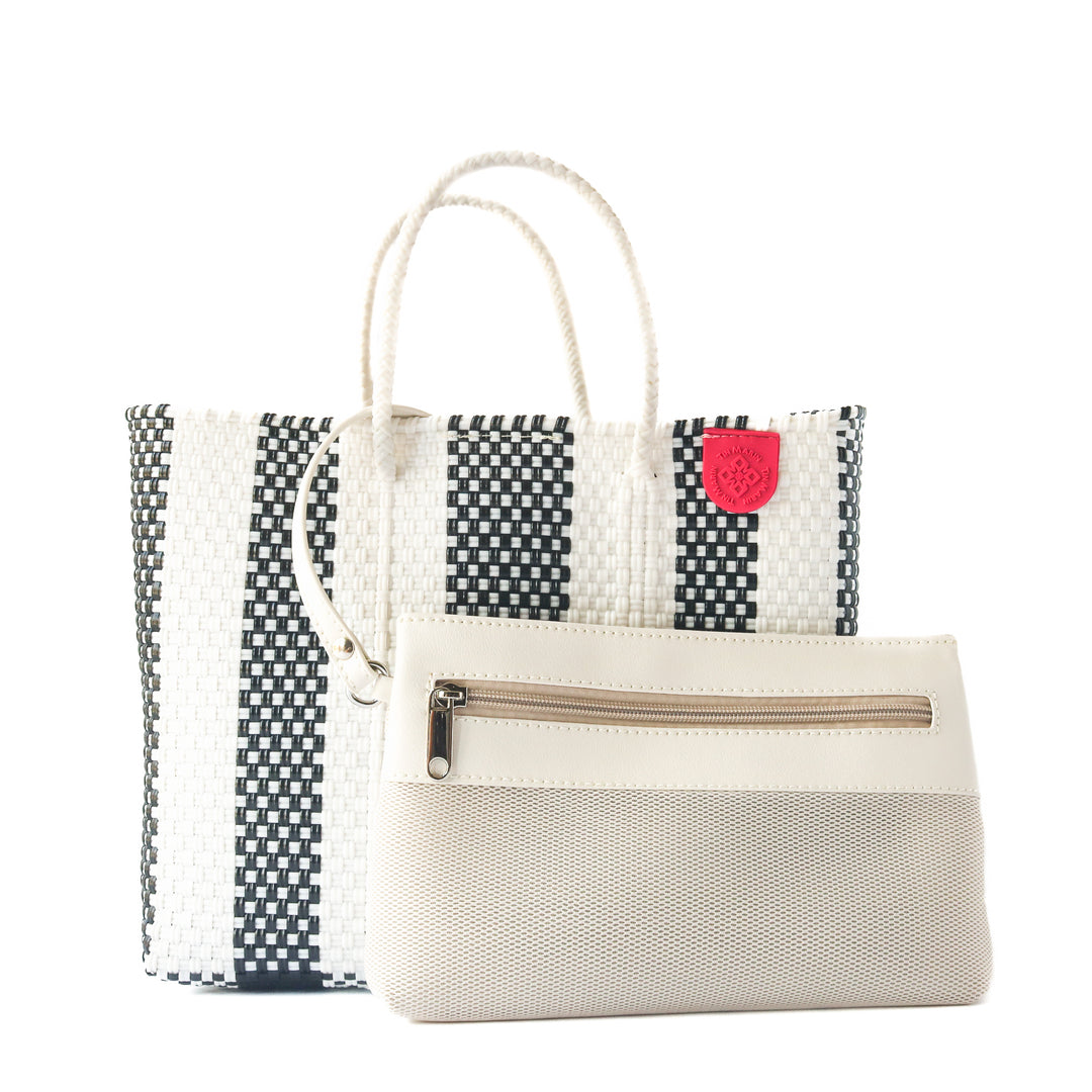 Zebra medium woven crossbody bag in black and white with detachable mesh pouch - handmade from recycled plastic in Mexico by Tin Marin