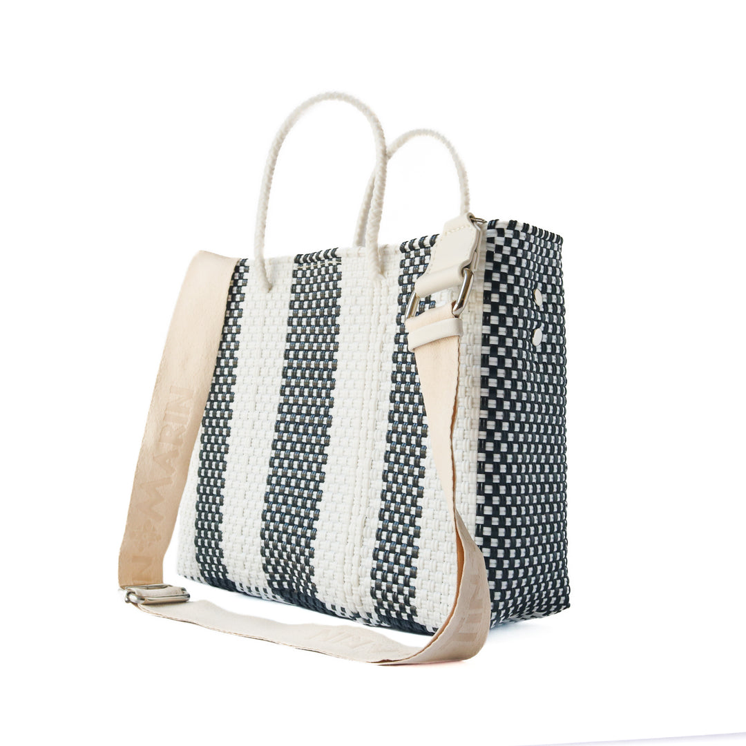 Back view of Zebra medium woven crossbody bag with cotton webbing strap — Tin Marin