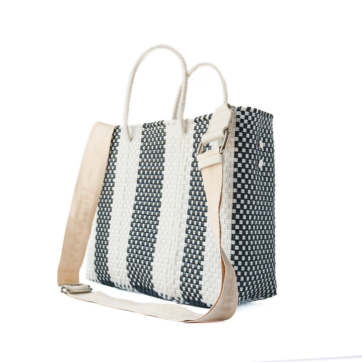 Back view of Zebra medium woven crossbody bag with cotton webbing strap — Tin Marin