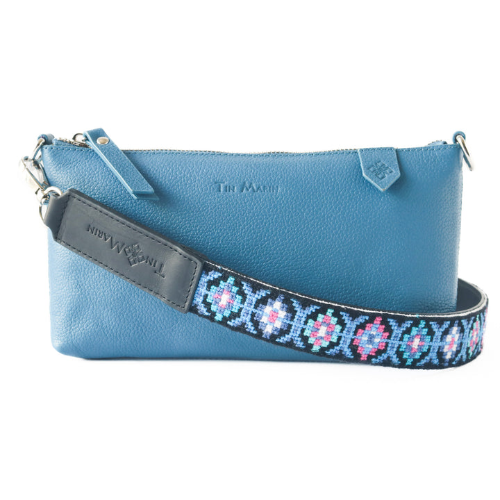 Mai Woven Bag Strap - Blue & Pink with Black Leather