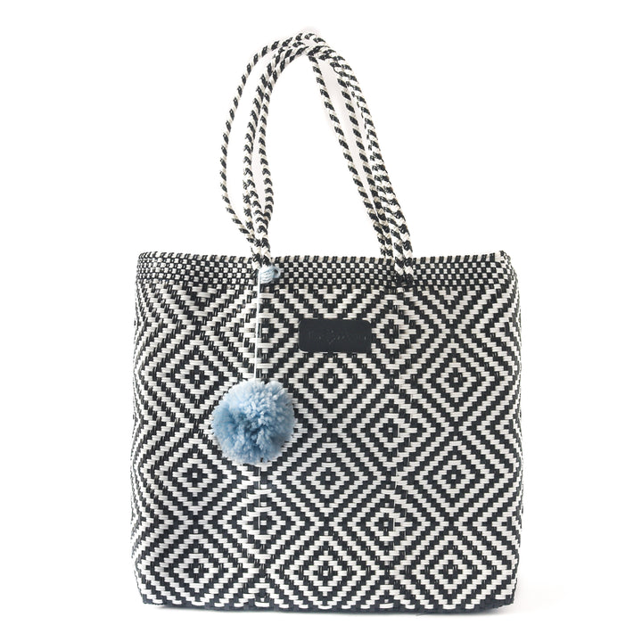 Greca woven tote in black and white— handmade from recycled plastic in Mexico by Tin Marin