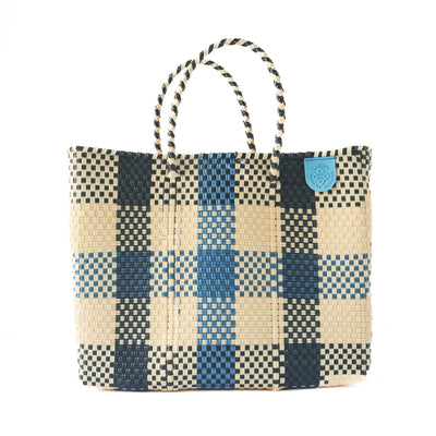  Mixte Woven Super Tote, Handwoven Recycled Plastic Tote,  Mexican Woven Bag, Beach Bag, Summer Bag, Blue & Beige Beach Bag,  Water-Resistant Tote : Handmade Products